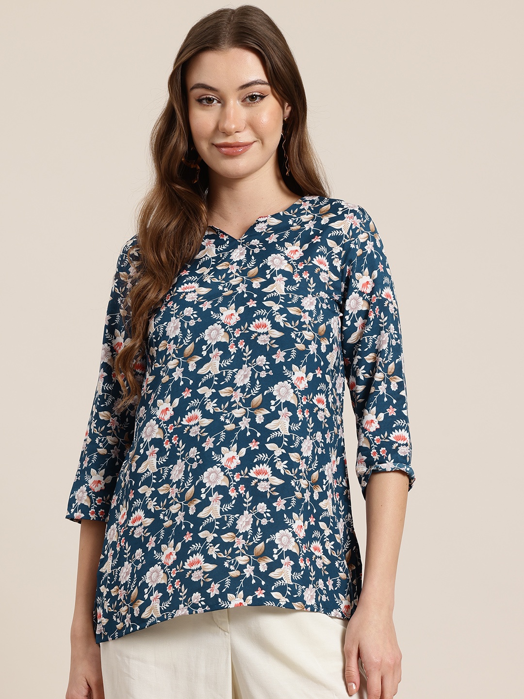 

HERE&NOW Floral Printed Straight Kurti, Blue