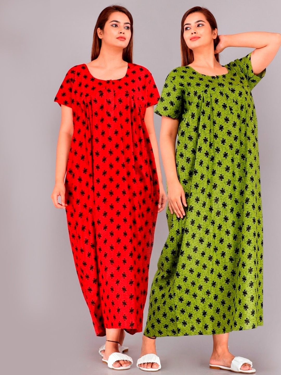 

PR PINK ROYAL Women Pack of 2 Printed Pure Cotton Maxi Nightdress, Red