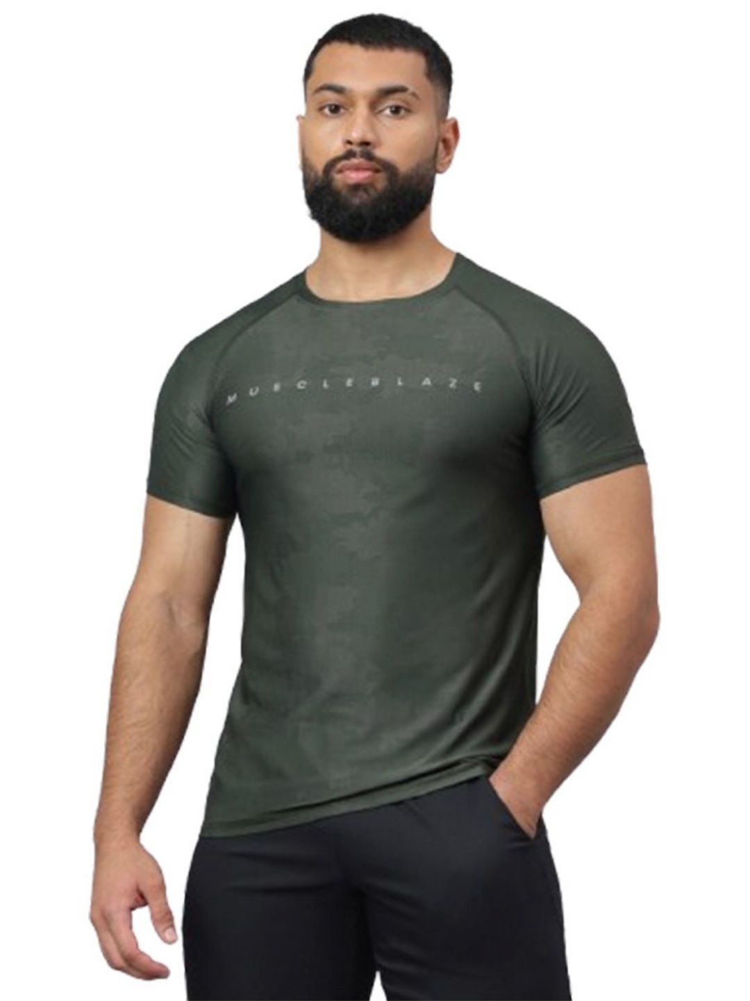 

MuscleBlaze Unisex Typography Printed Round Neck Slim Fit T-shirt, Olive