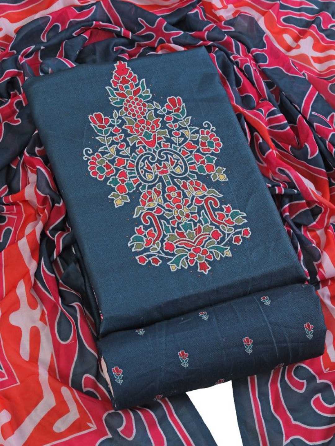 

Riti Ethnic Motifs Printed Unstitched Dress Material, Navy blue