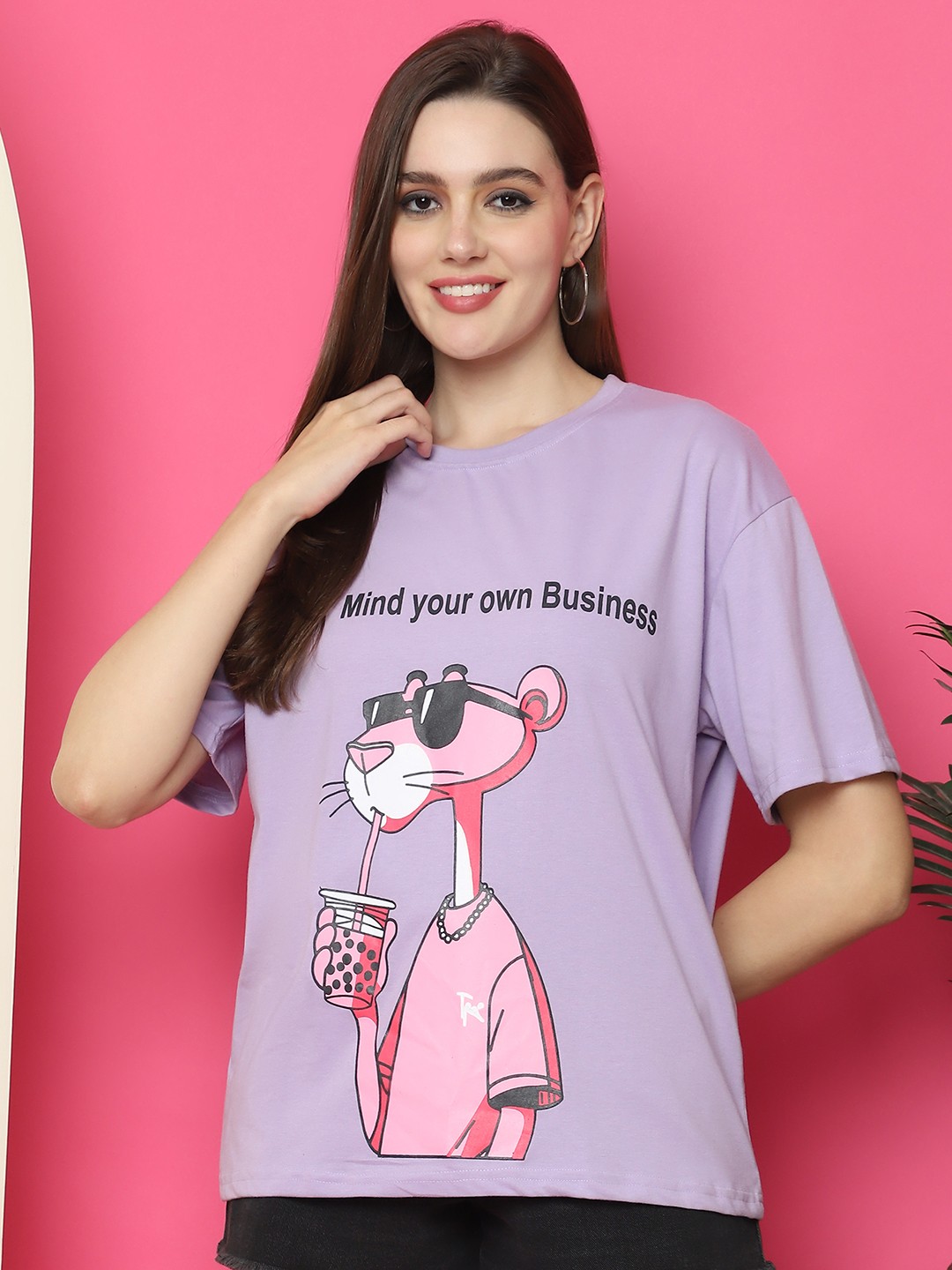 

Dreambe Women Graphic Printed Round Neck Cotton Oversized T-shirt, Lavender