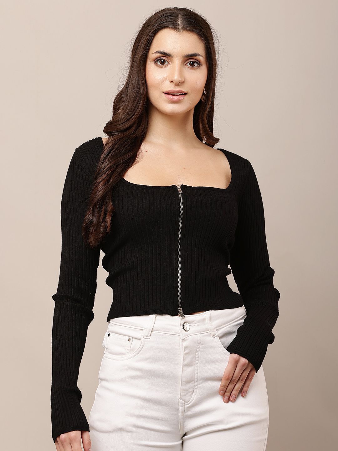 

NoBarr Women Front Open with Zip Detail Sweater, Black