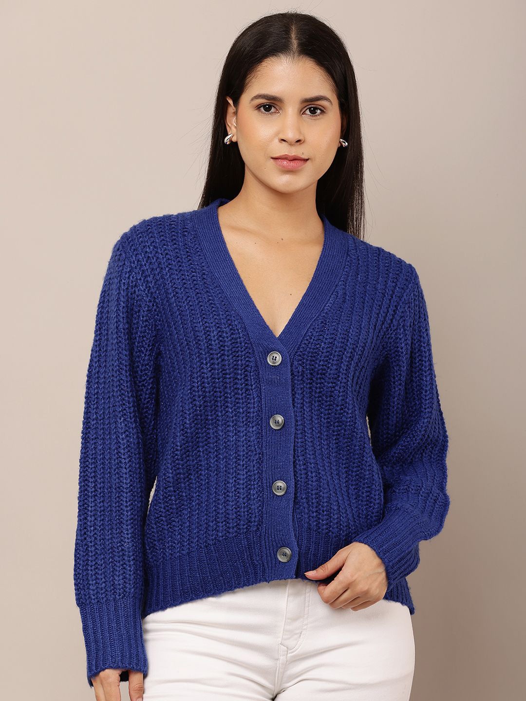 

NoBarr Women Striped Ribbed Open Knit Cardigan, Blue