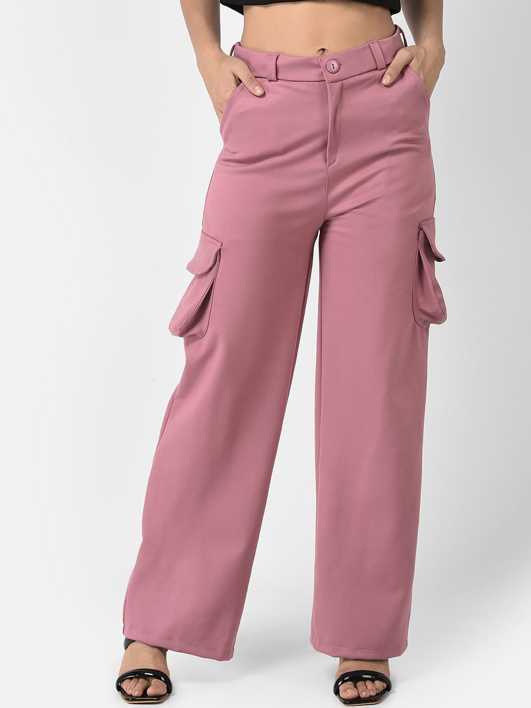 

FNOCKS Women Relaxed Straight Leg Flared High-Rise Organic Cotton Cargos Trousers, Pink