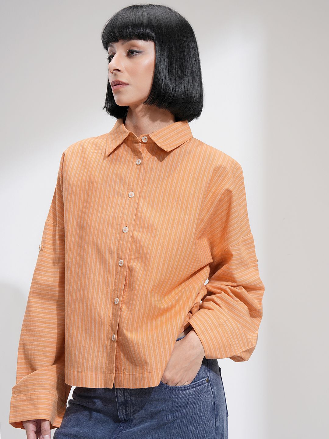 

Tokyo Talkies Women Buttondown Drop Shoulder Boxy Stripe Shirt, Orange
