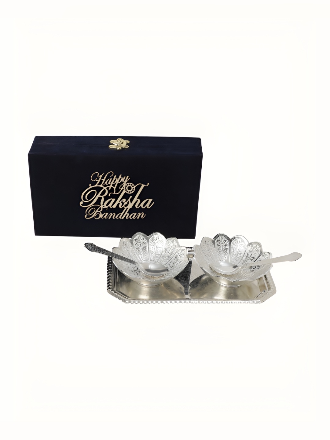 

INTERNATIONAL GIFT Silver-Toned 6 PCS Textured Bowl Set With Tray & Spoons With Velvet Box