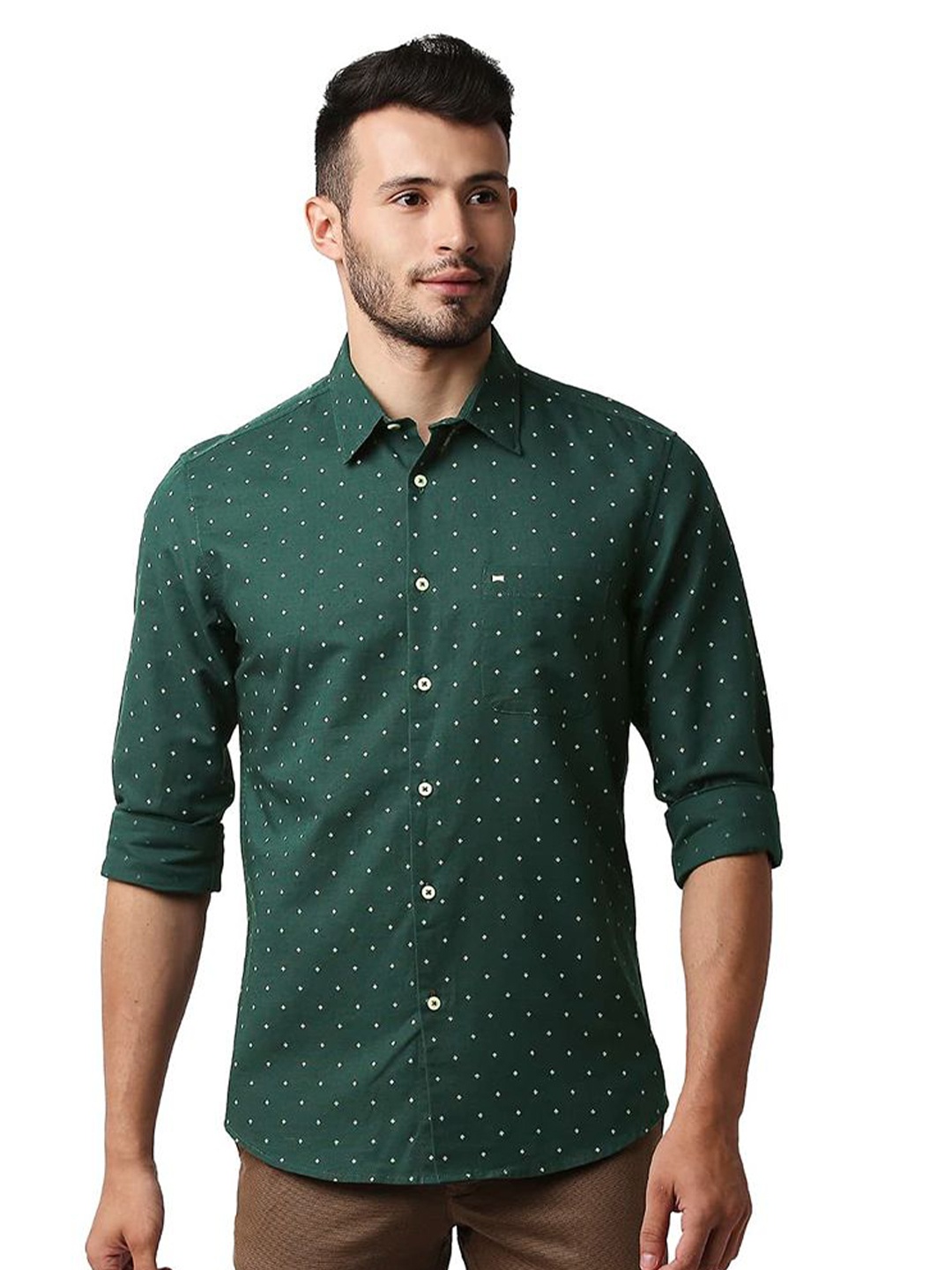 

Basics Men Relaxed Fit Spread Collar Floral Printed Cotton Casual Shirt, Green
