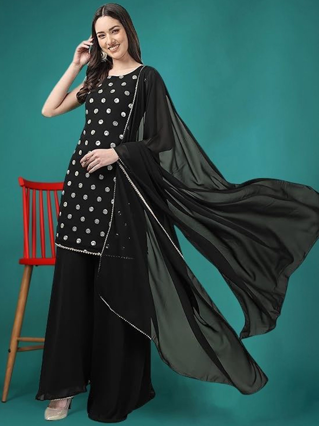 

PARROT CREATION Geometric Embroidered Sequinned Georgette Kurti with Sharara And Dupatta, Black