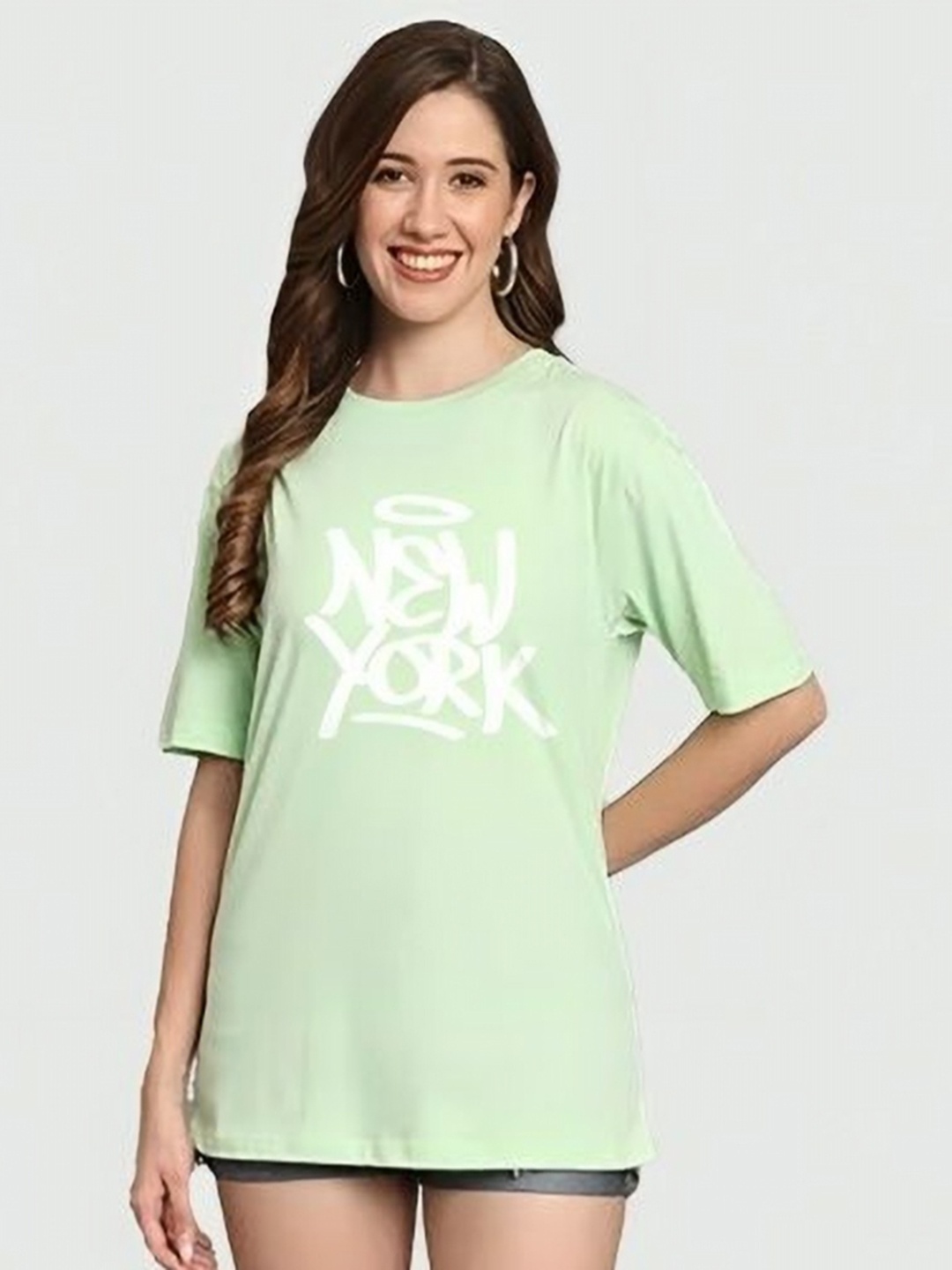 

My Swag Women Typography Printed Round Neck Cotton Oversized T-shirt, Green