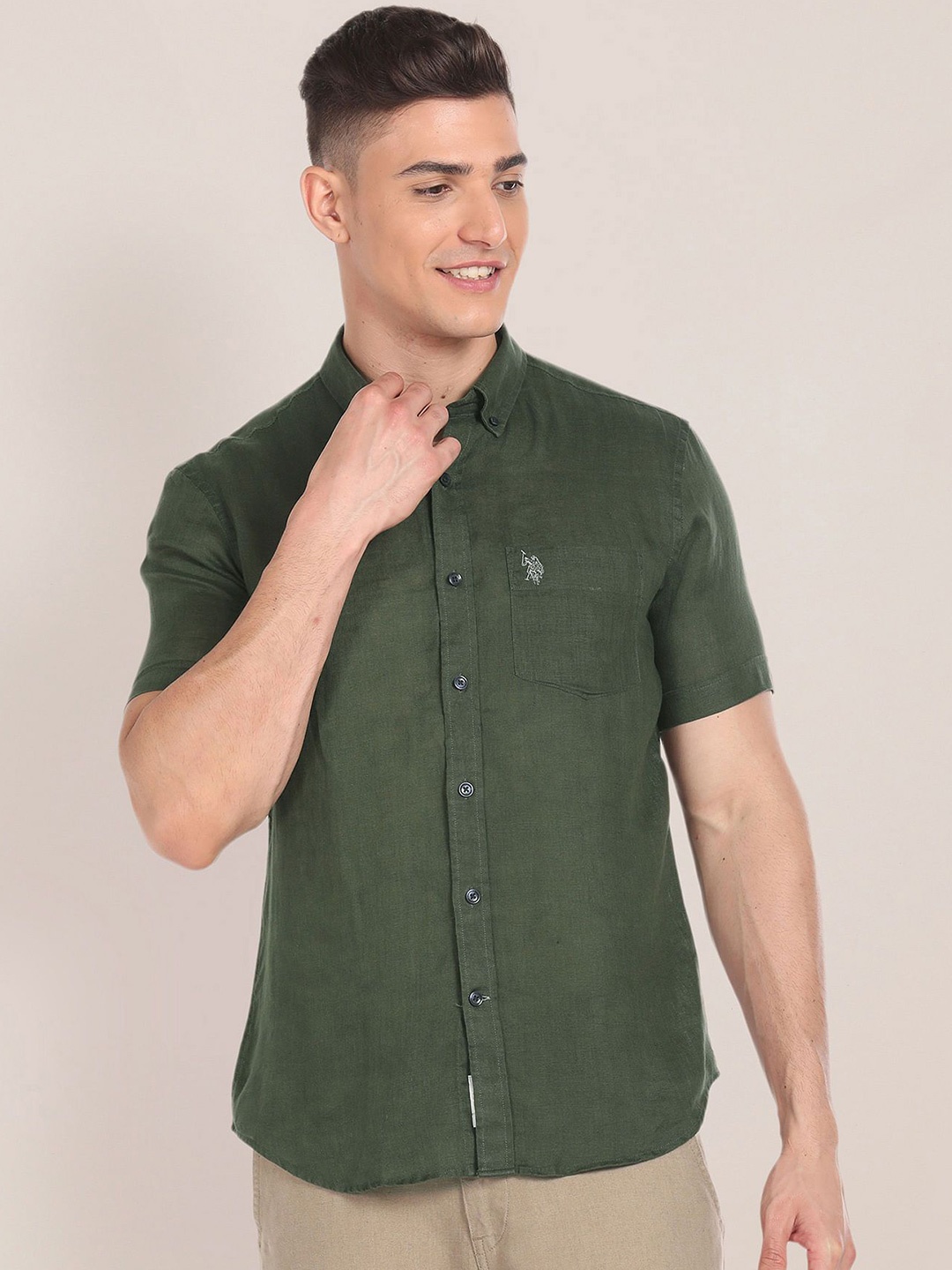 

U.S. Polo Assn. Men Slim Fit Button-Down Collar Solid Linen Casual Shirt, Olive