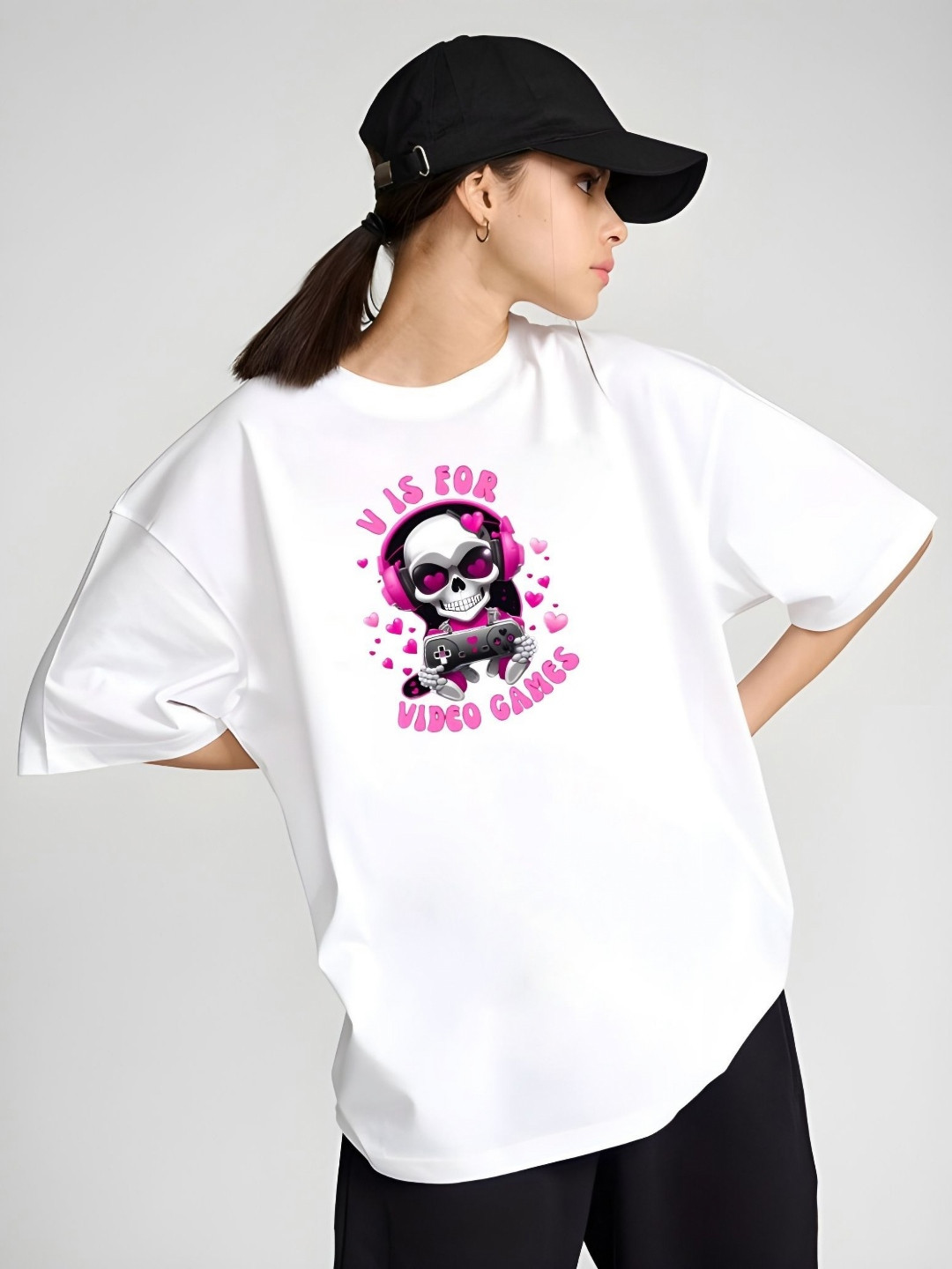 

DressBerry Women Graphic Printed Round Neck Cotton Oversized T-shirt, White