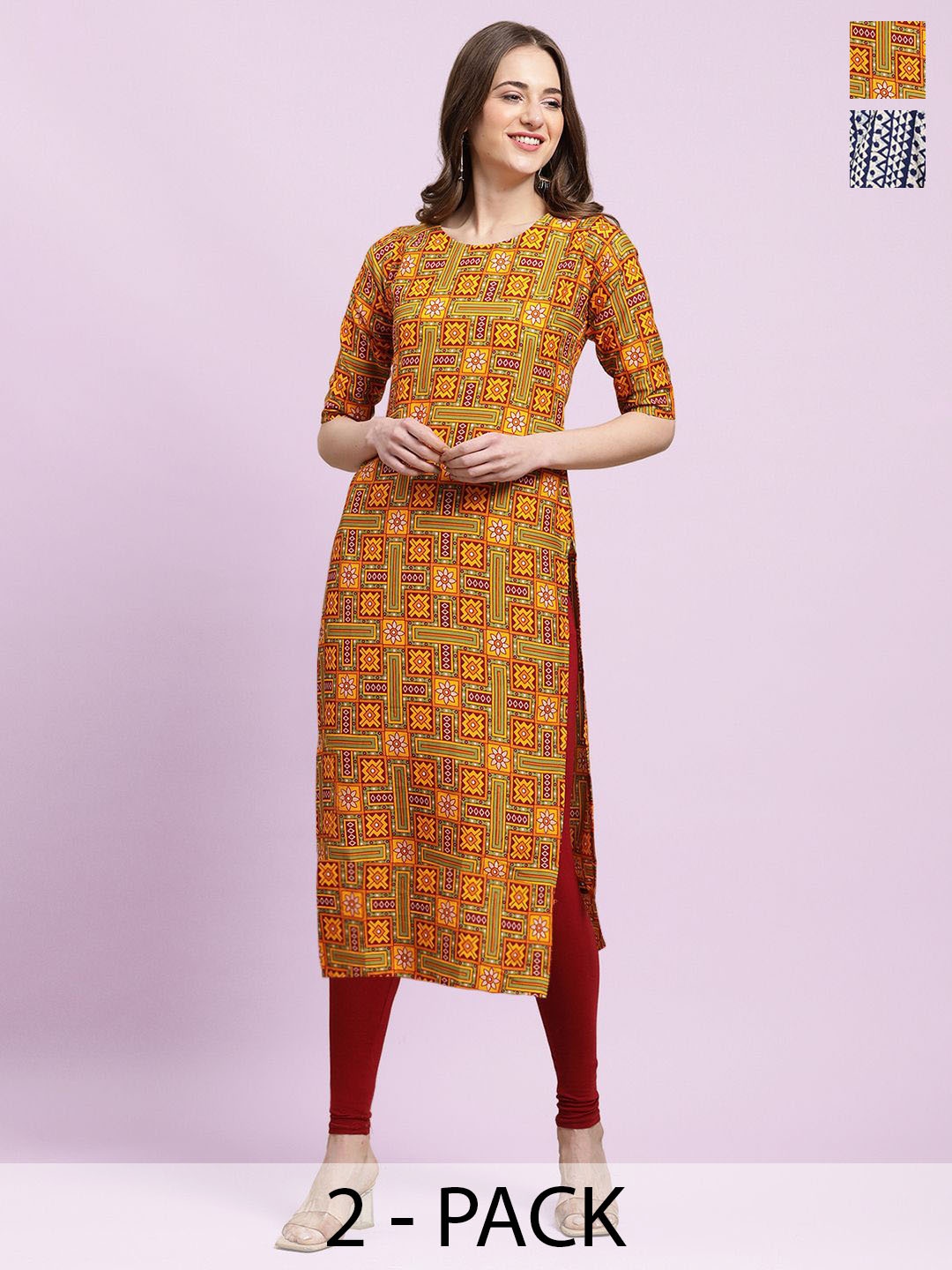 

Moda Rapido Pack of 2 Printed Round Neck Straight Kurtas, Mustard
