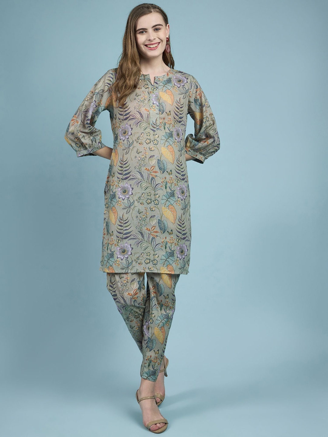 

all about you Guldasta Olive Green Floral Printed Notch Neck Tunic With Trousers