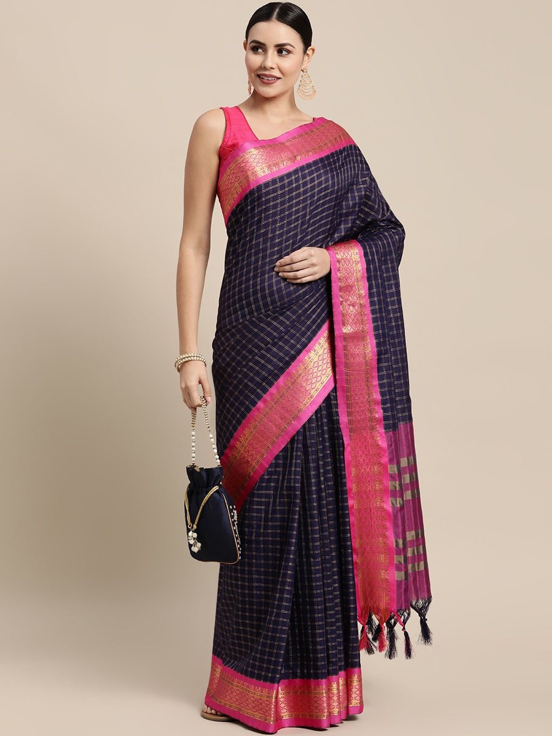 

DIVASTRI Woven Design Zari Silk Cotton Saree, Navy blue