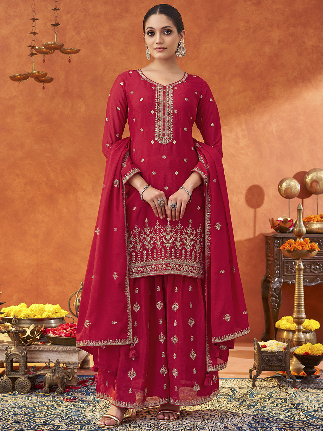 

Saanjh Ethnic Motifs Embroidered V-Neck Sequinned Straight Kurta With Sharara & Dupatta, Pink