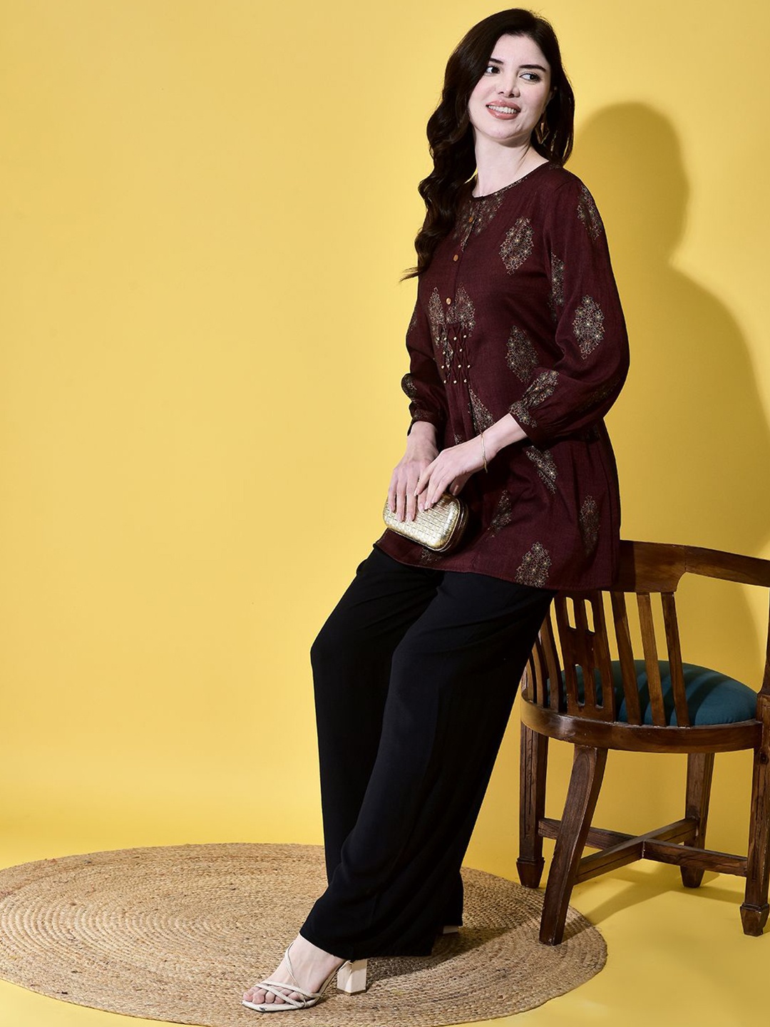 

FUTURO Women Cotton Round Neck Printed Tunic, Brown