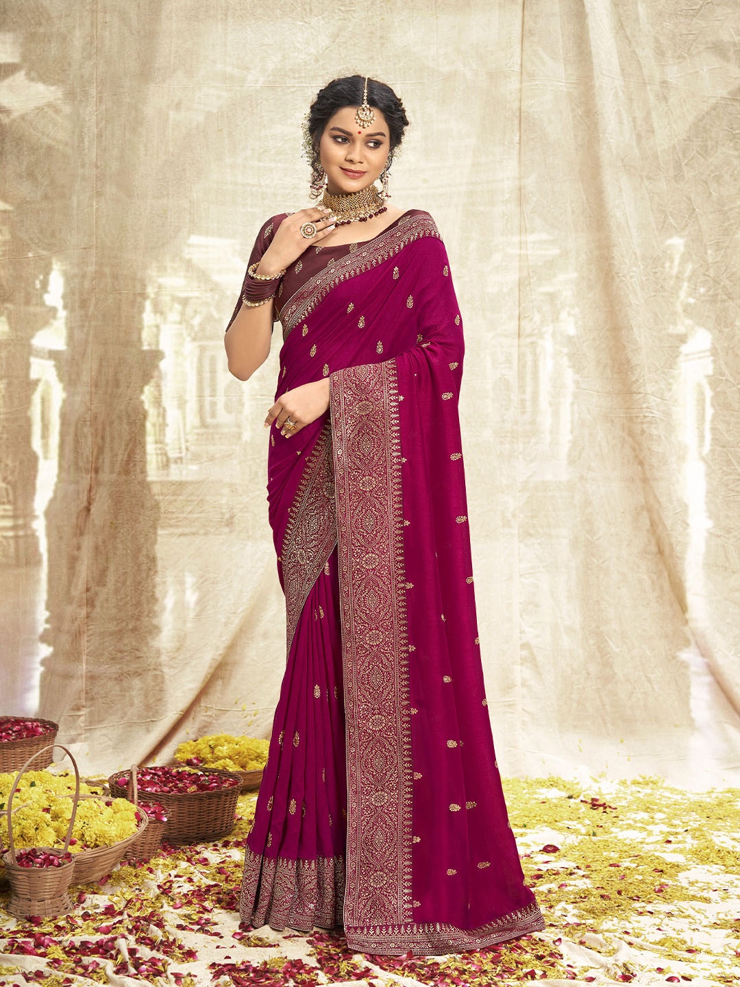 

A.V.M. SILK MILLS Women Embroidered Pure Georgette Saree, Magenta