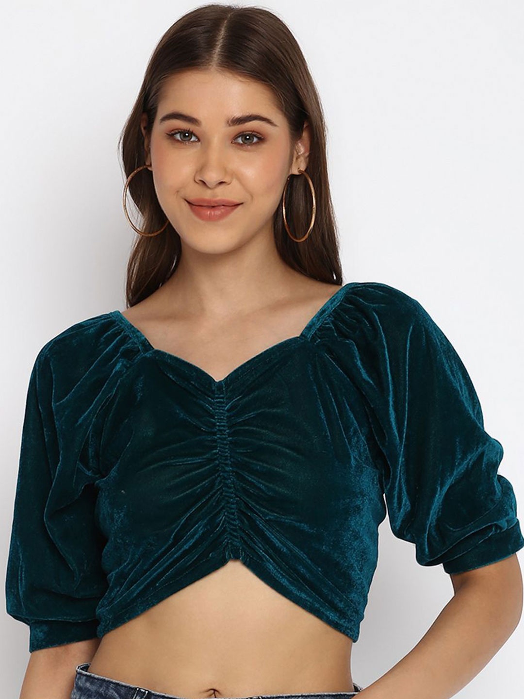 

DressBerry Sweetheart Neck Puff Sleeve Velvet Top, Teal