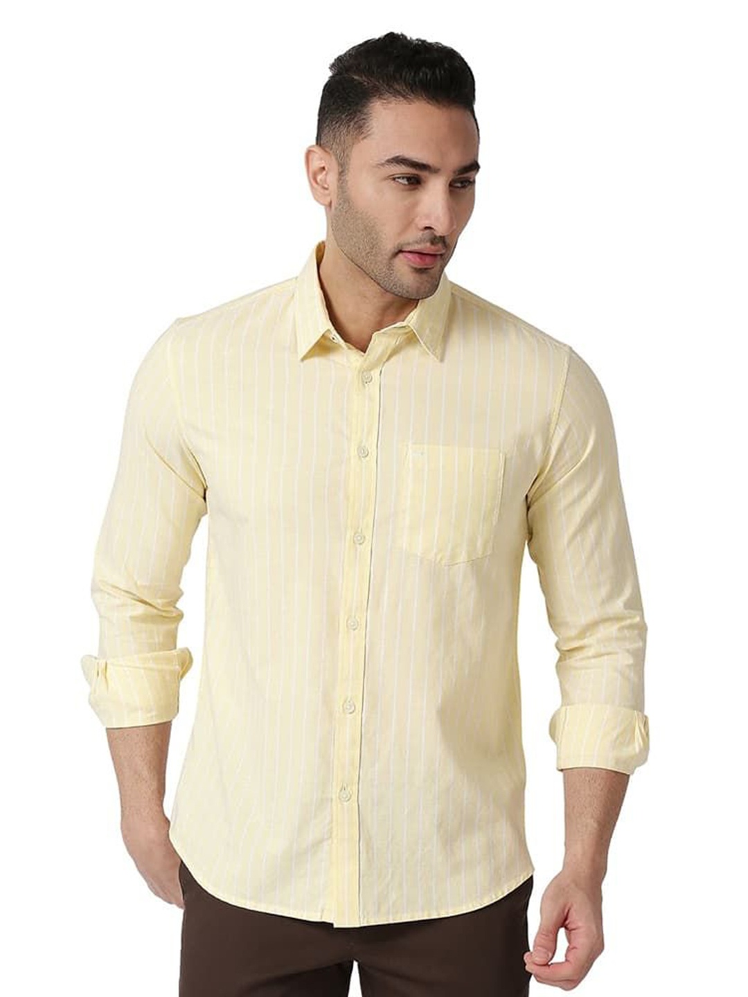 

Basics Men Relaxed Fit Spread Collar Vertical Striped Cotton Casual Shirt, Yellow