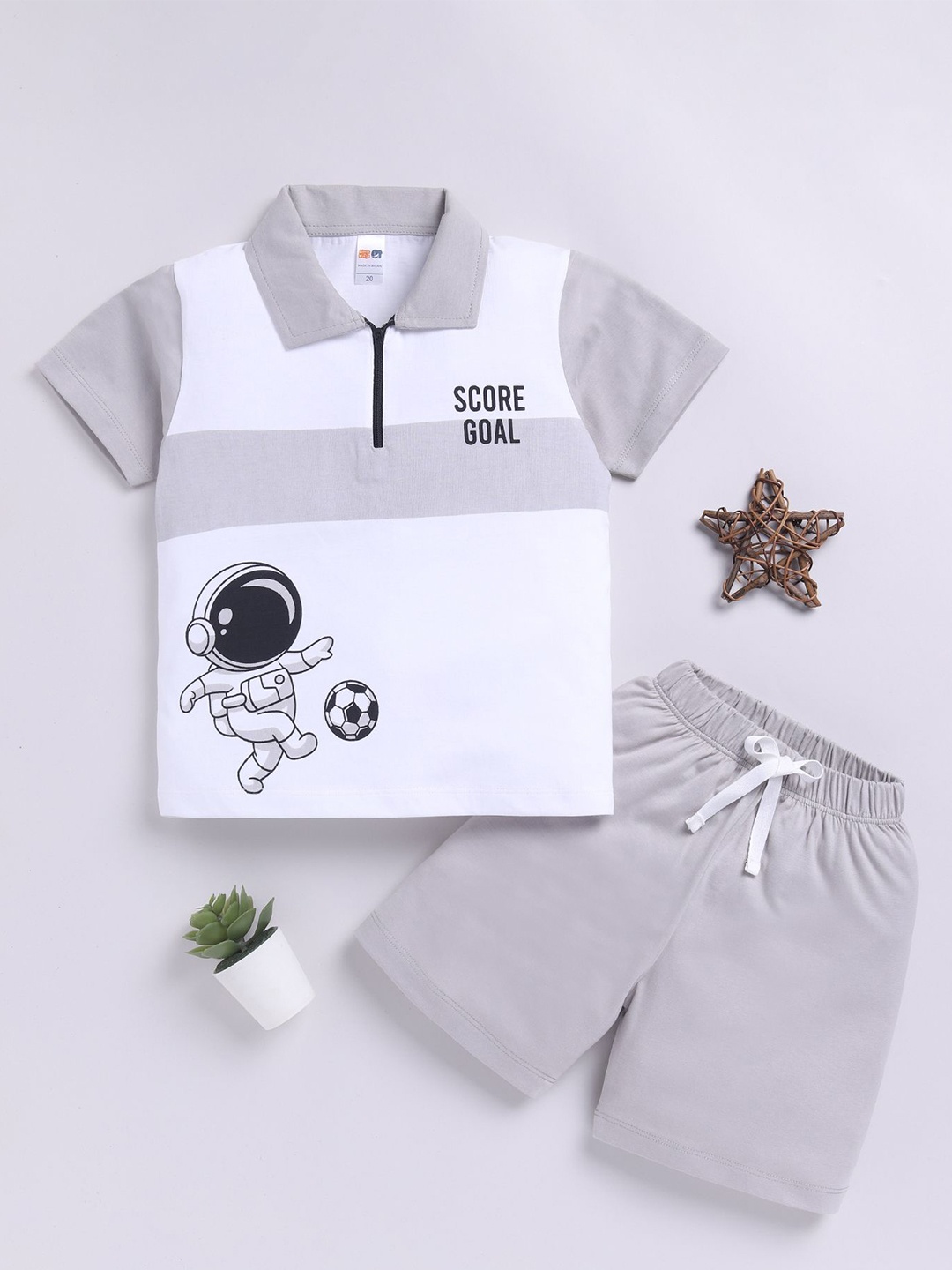 

LITTLE NINJA Boys Printed Polo Collar Pure Cotton T-Shirt With Shorts, Grey