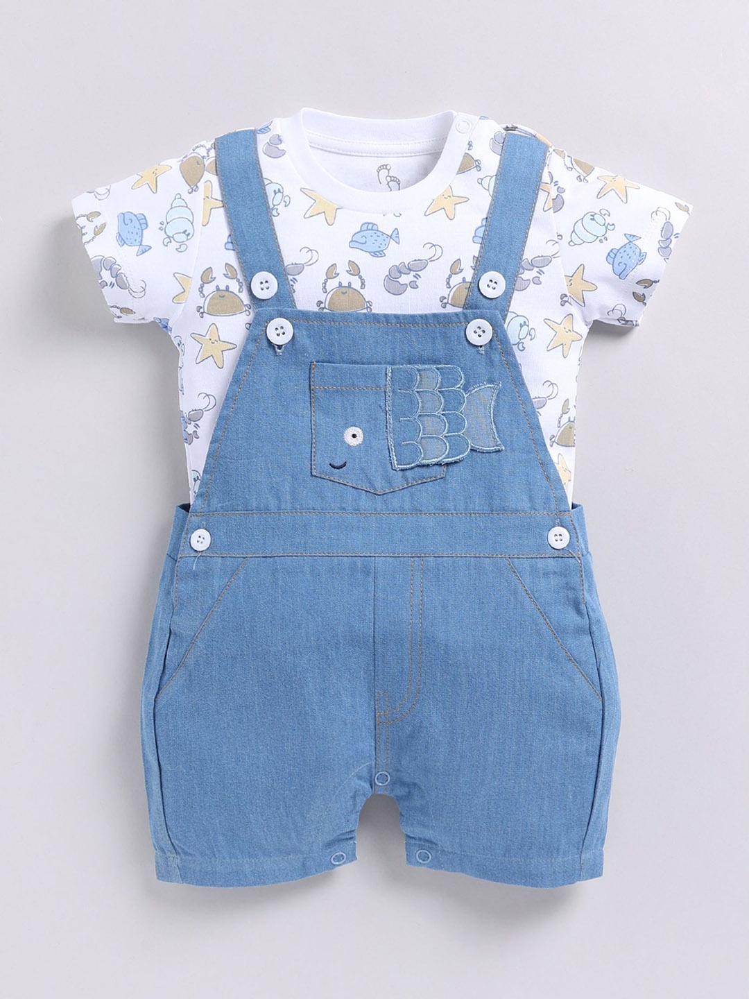 

BABY GO Printed Cotton Dungaree With T-Shirt, Blue