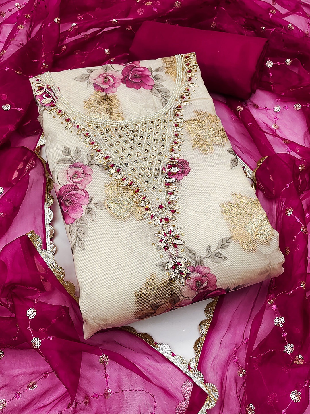 

HERE&NOW Floral Embroidered Banarasi Unstitched Dress Material, Cream