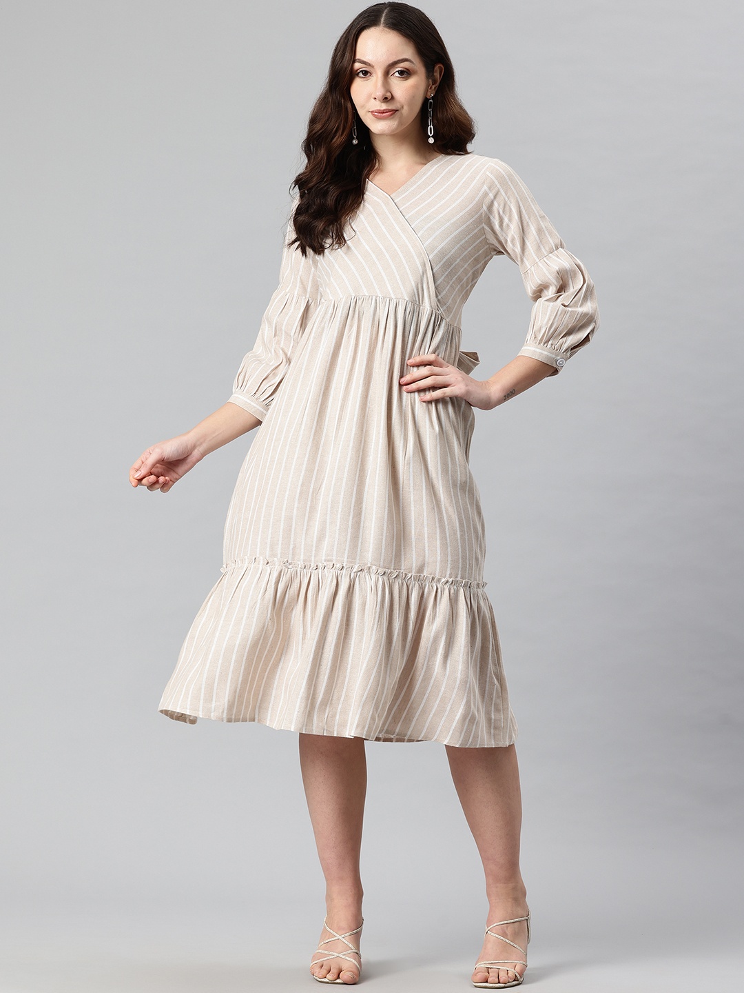 

Cottinfab Striped Puff Sleeve Midi Dress with Tie Up Detail, Beige