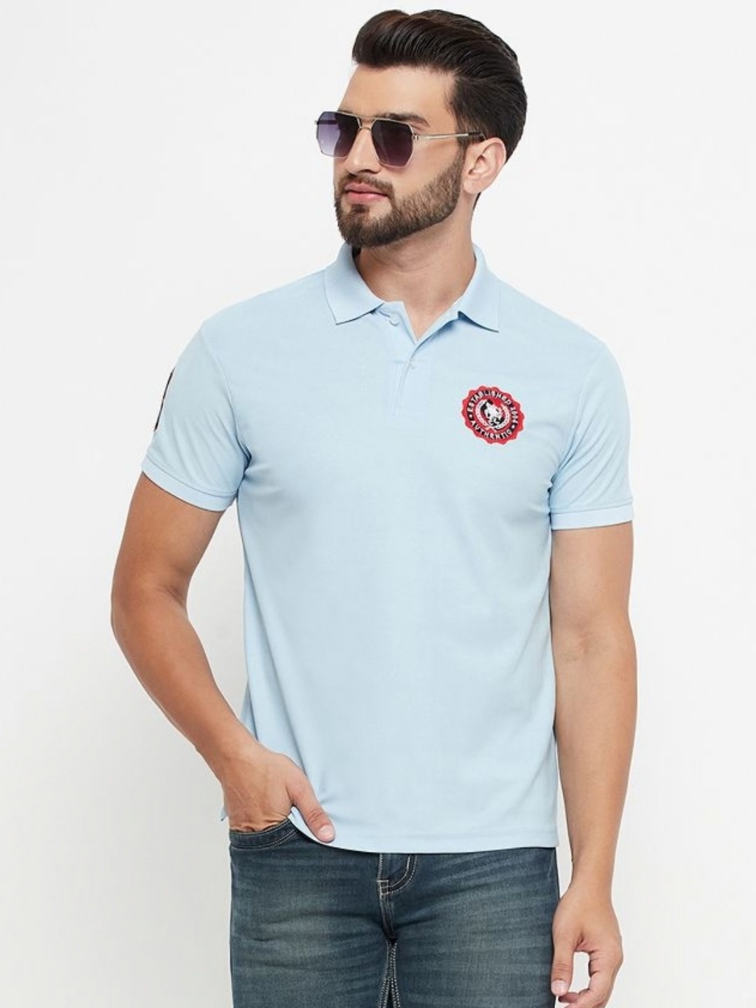 

RELANE Men Solid Polo Collar Cotton T-shirt, Turquoise blue