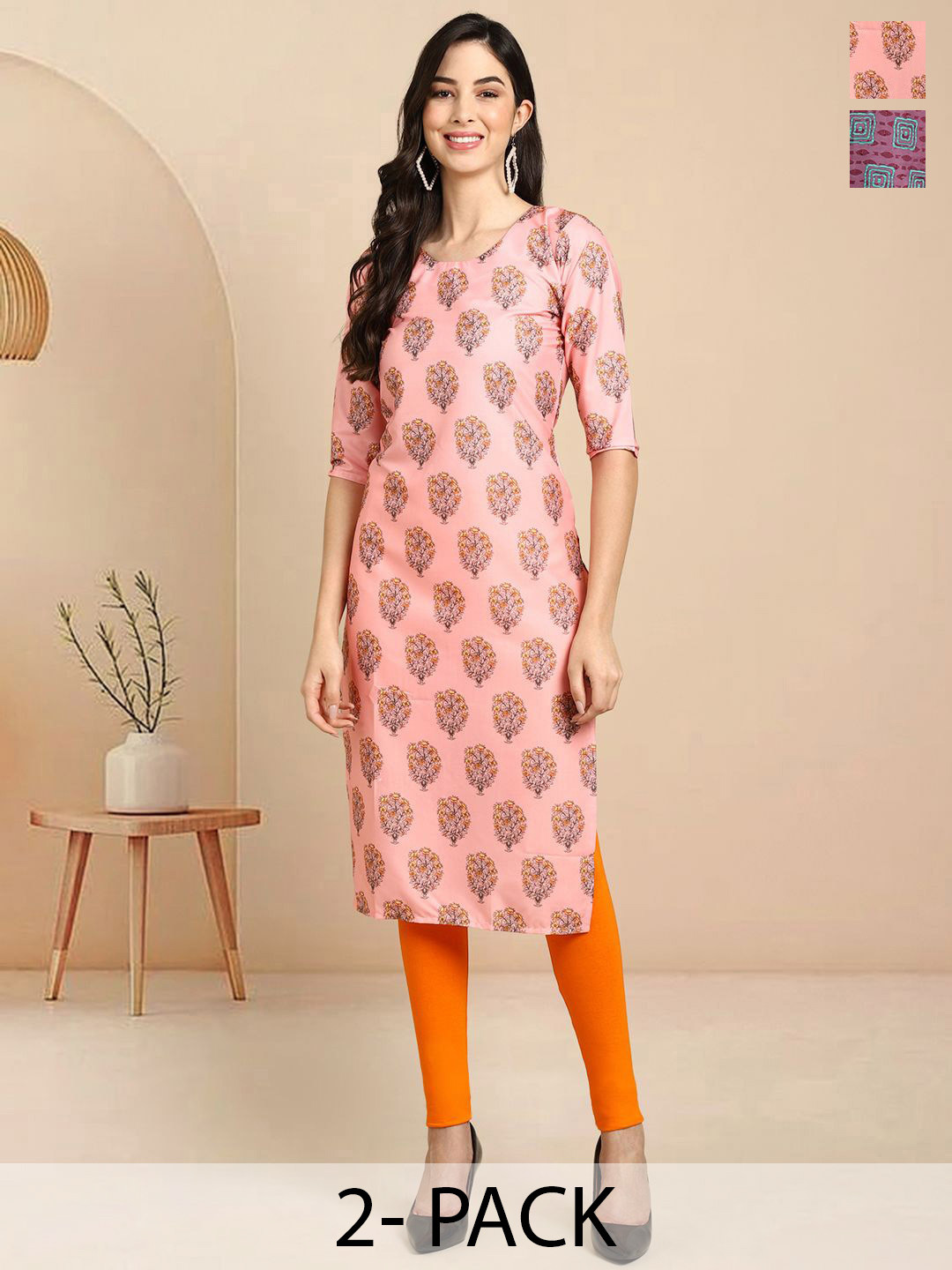 

Moda Rapido Set of 2 Printed Round Neck Straight Kurtas, Pink