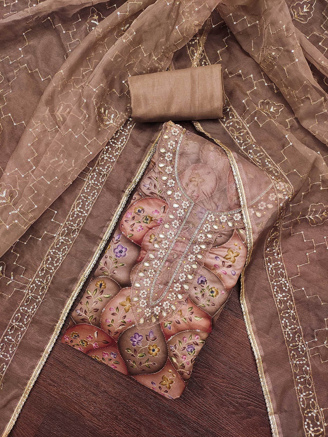 

HERE&NOW Floral Embroidered Sequinned Organza Unstitched Dress Material, Brown