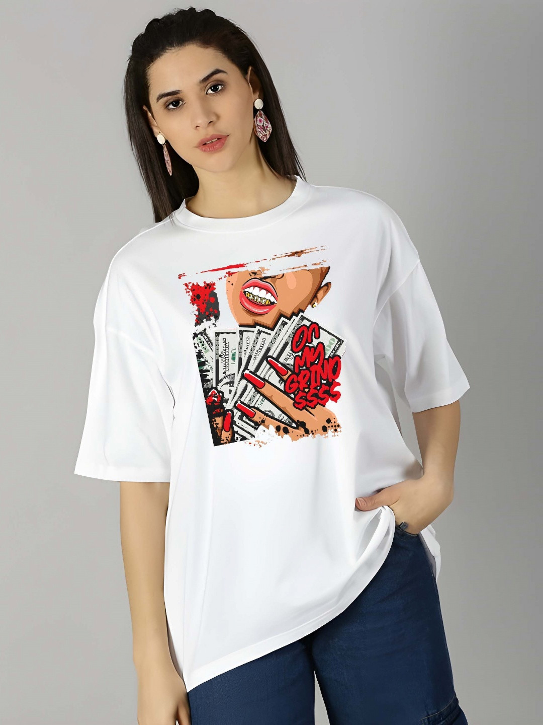 

SZN Women Graphic Printed Round Neck Cotton Oversized T-shirt, White