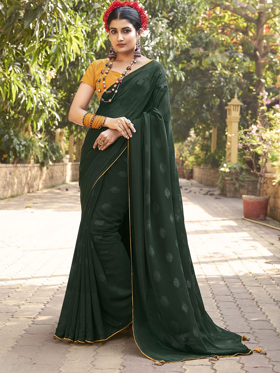 

NIRMAL CREATION Woven Design Pure Georgette Saree, Green