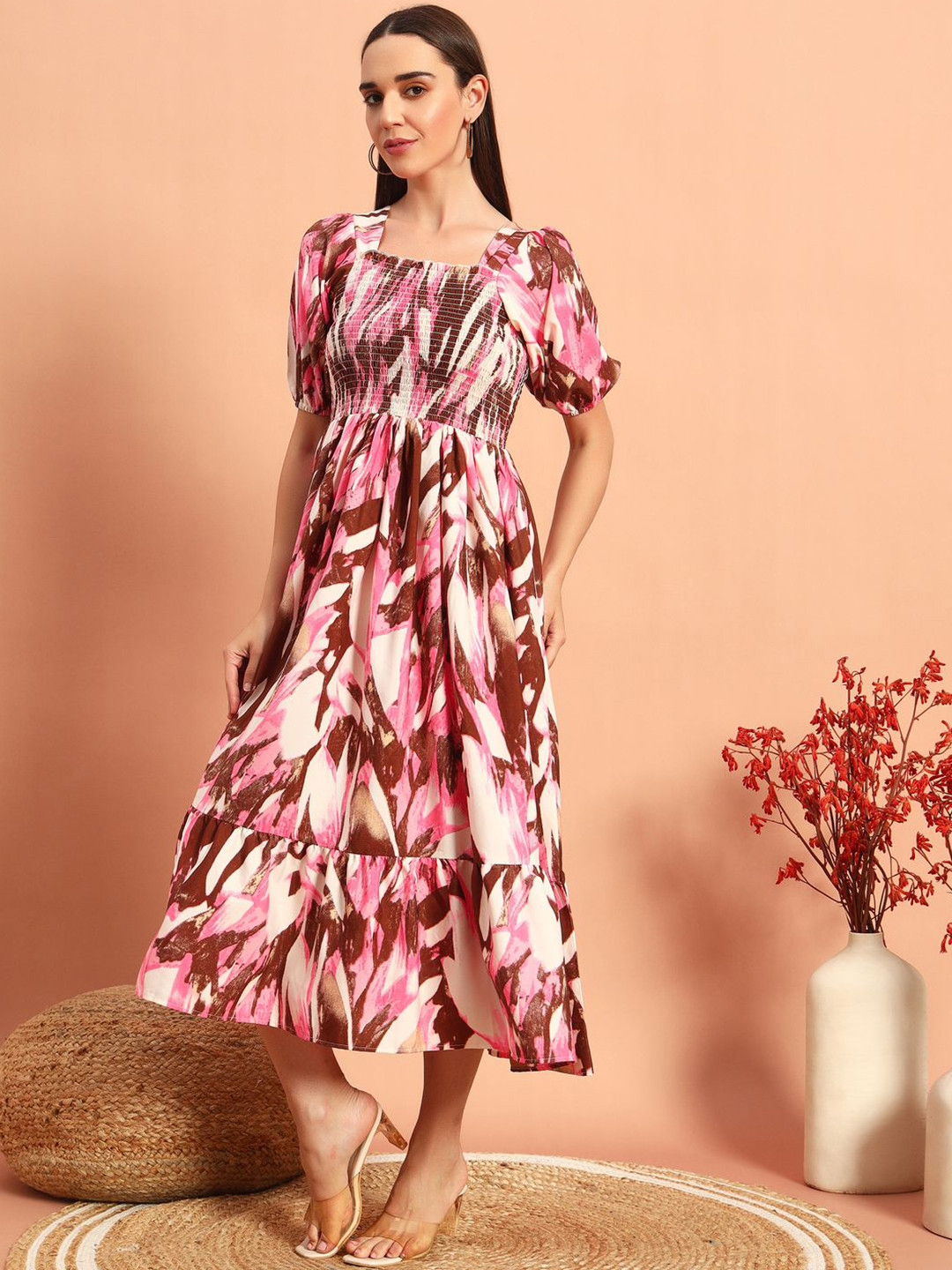 

ZWERLON Women Print Puff Sleeve Formal A-Line Midi Dress, Pink