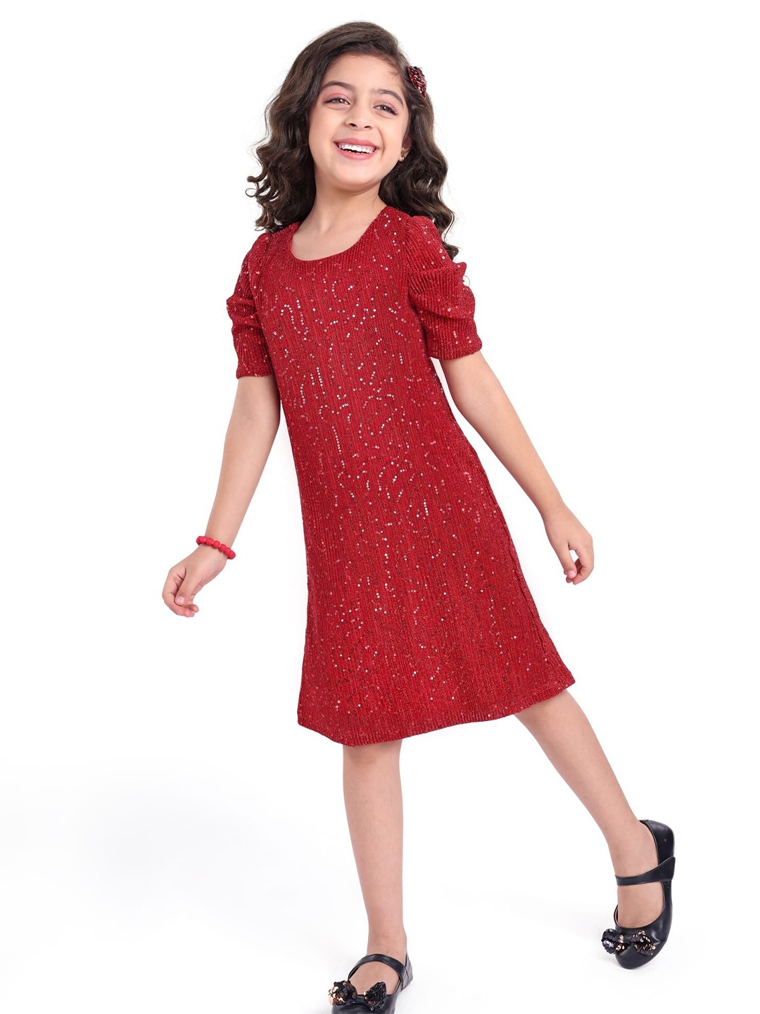 

Hola Bonita Girls Sequinned Puff Sleeve A-Line Knee Length Dress, Red
