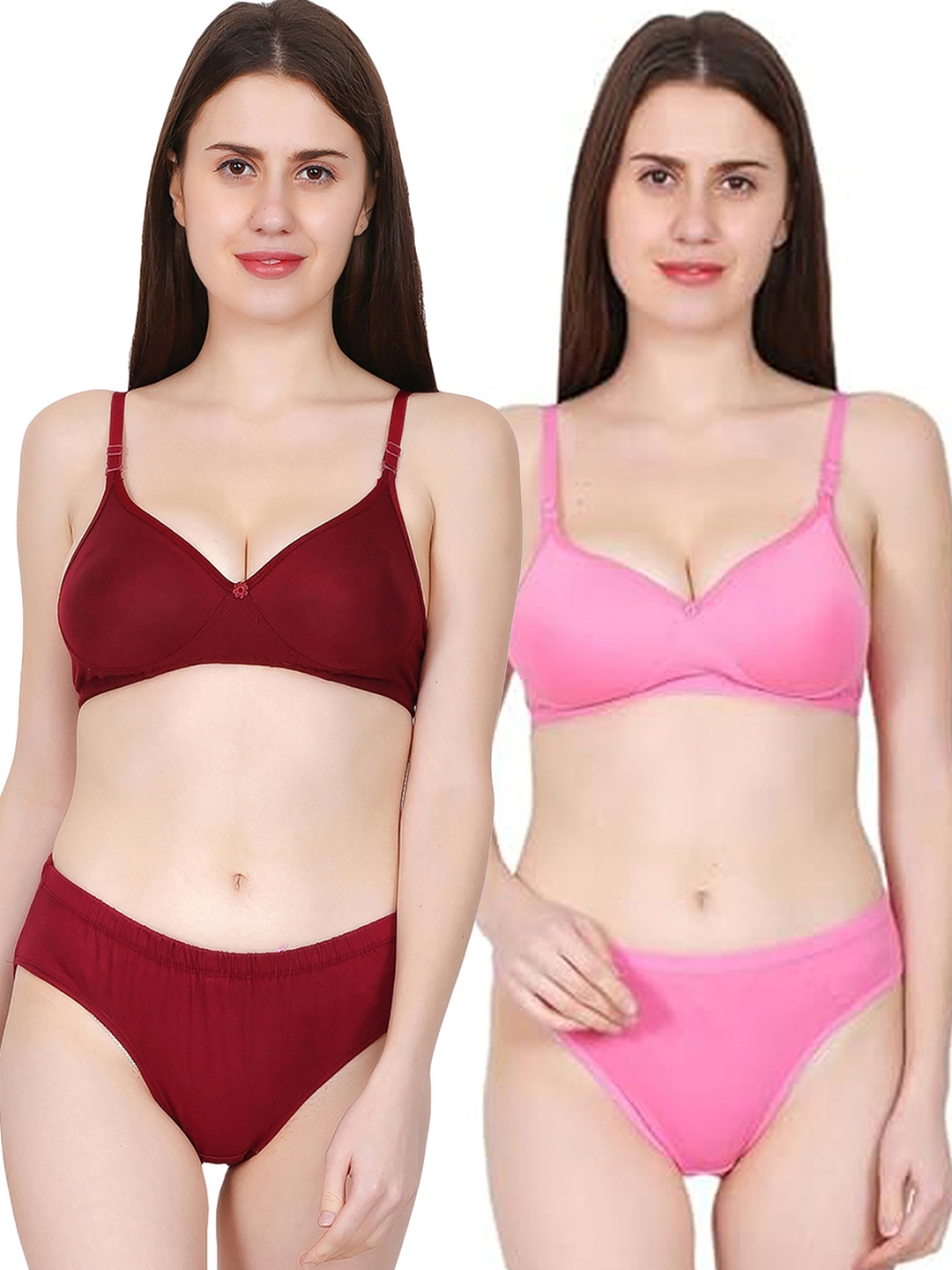 

chia fashions Pack Of 2 Full Coverage Padded Cups Cotton Lingerie Set, Maroon