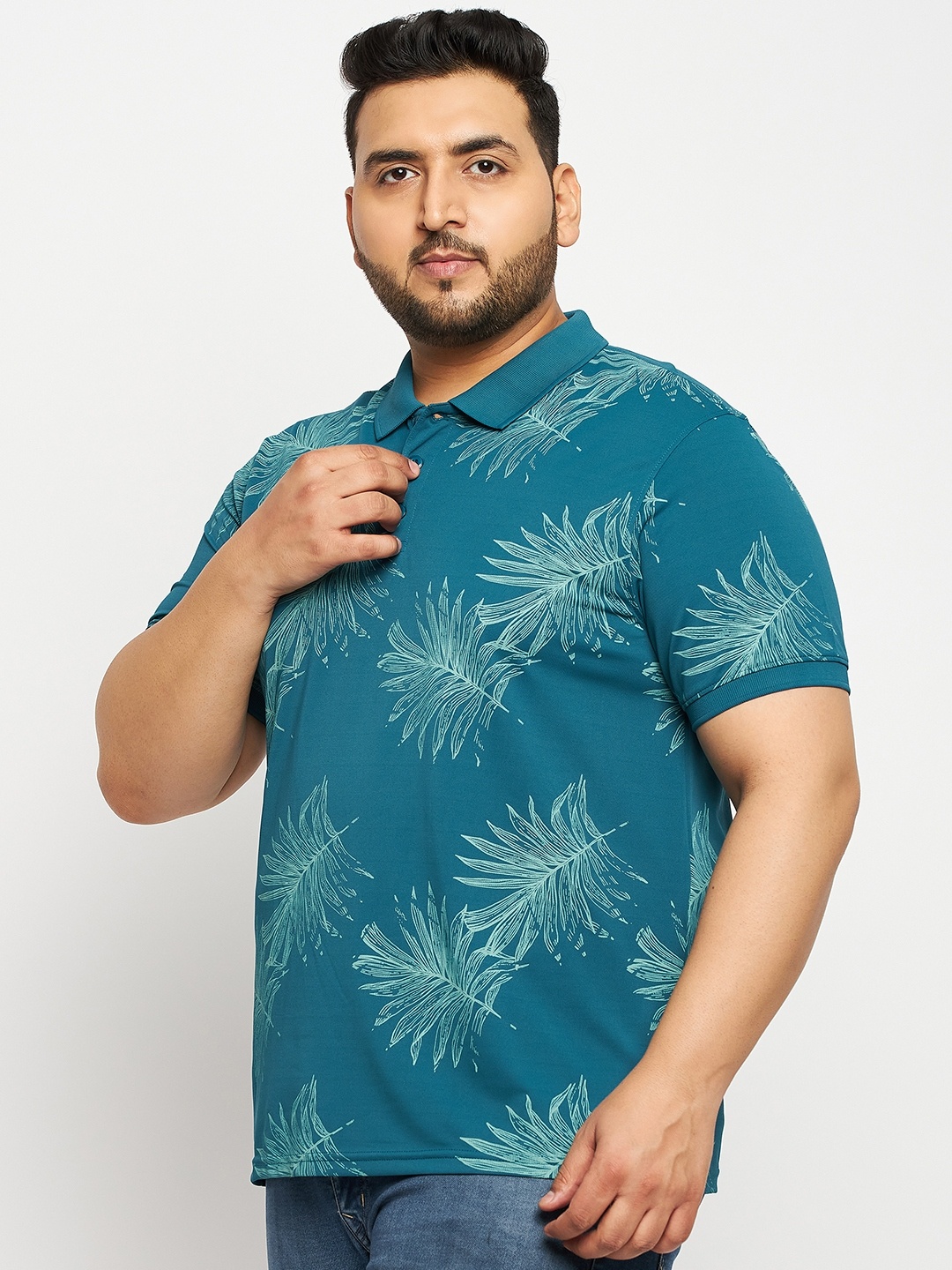 

AUXAMIS Men Plus Size Floral Printed Polo Collar Cotton T-shirt, Blue