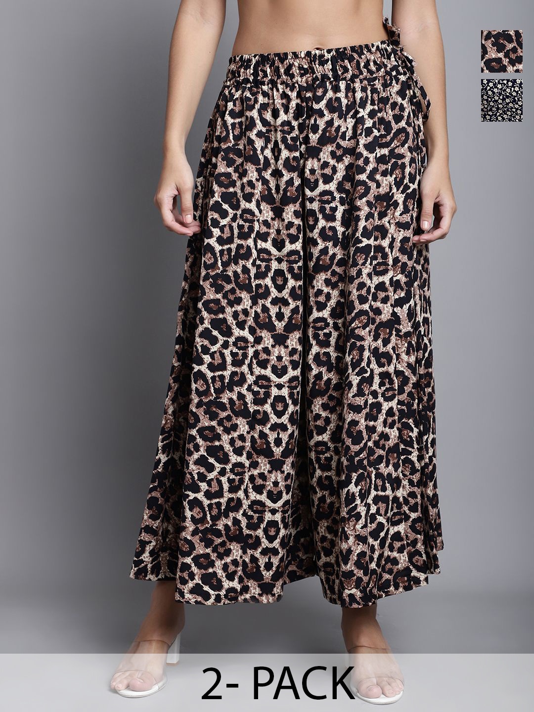 

Valles365 by S.C. Women Pack Of 2 Animal Printed Flared Palazzos, Black