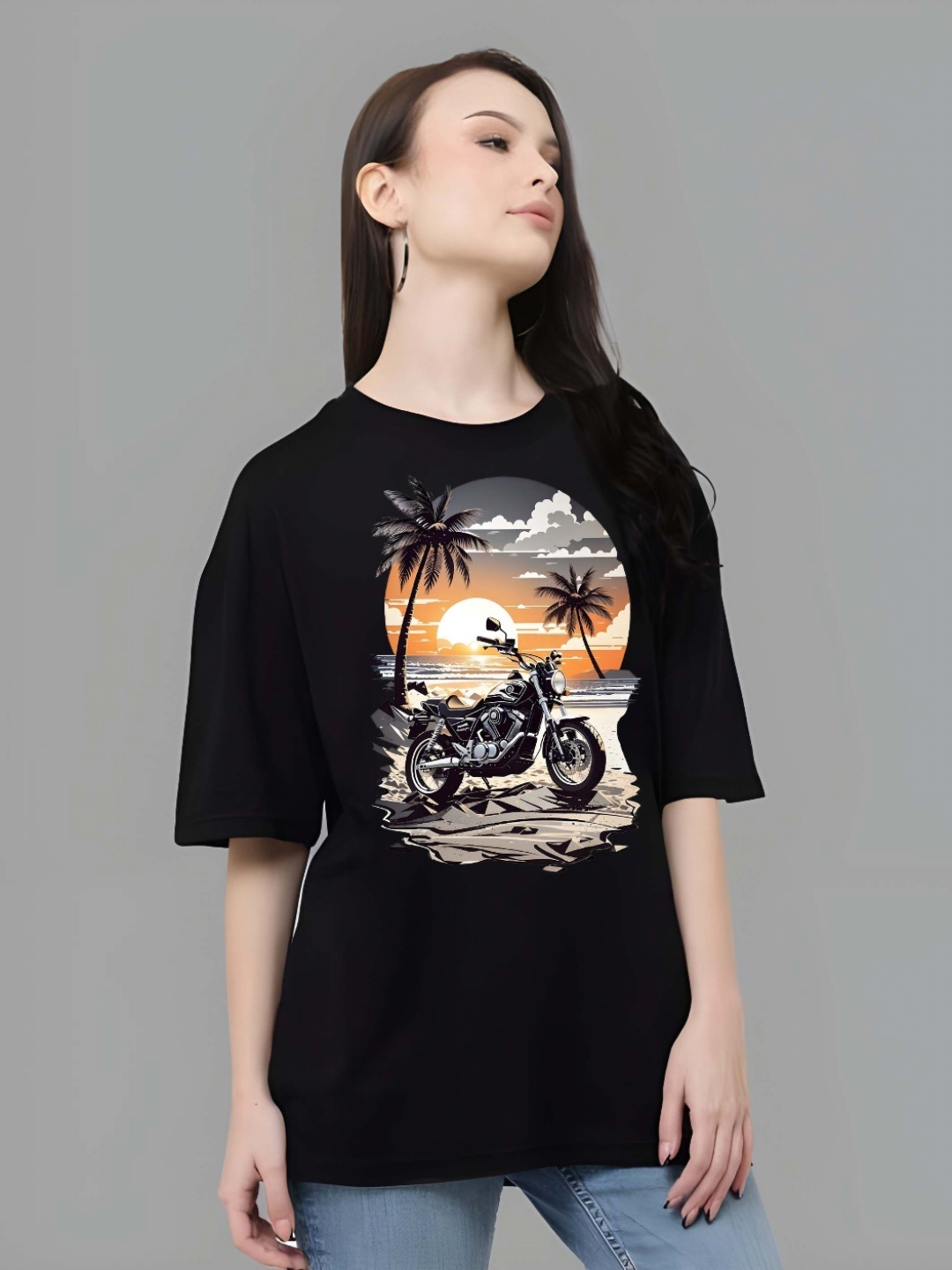 

SZN Women Graphic Printed Round Neck Cotton Oversized T-shirt, Black