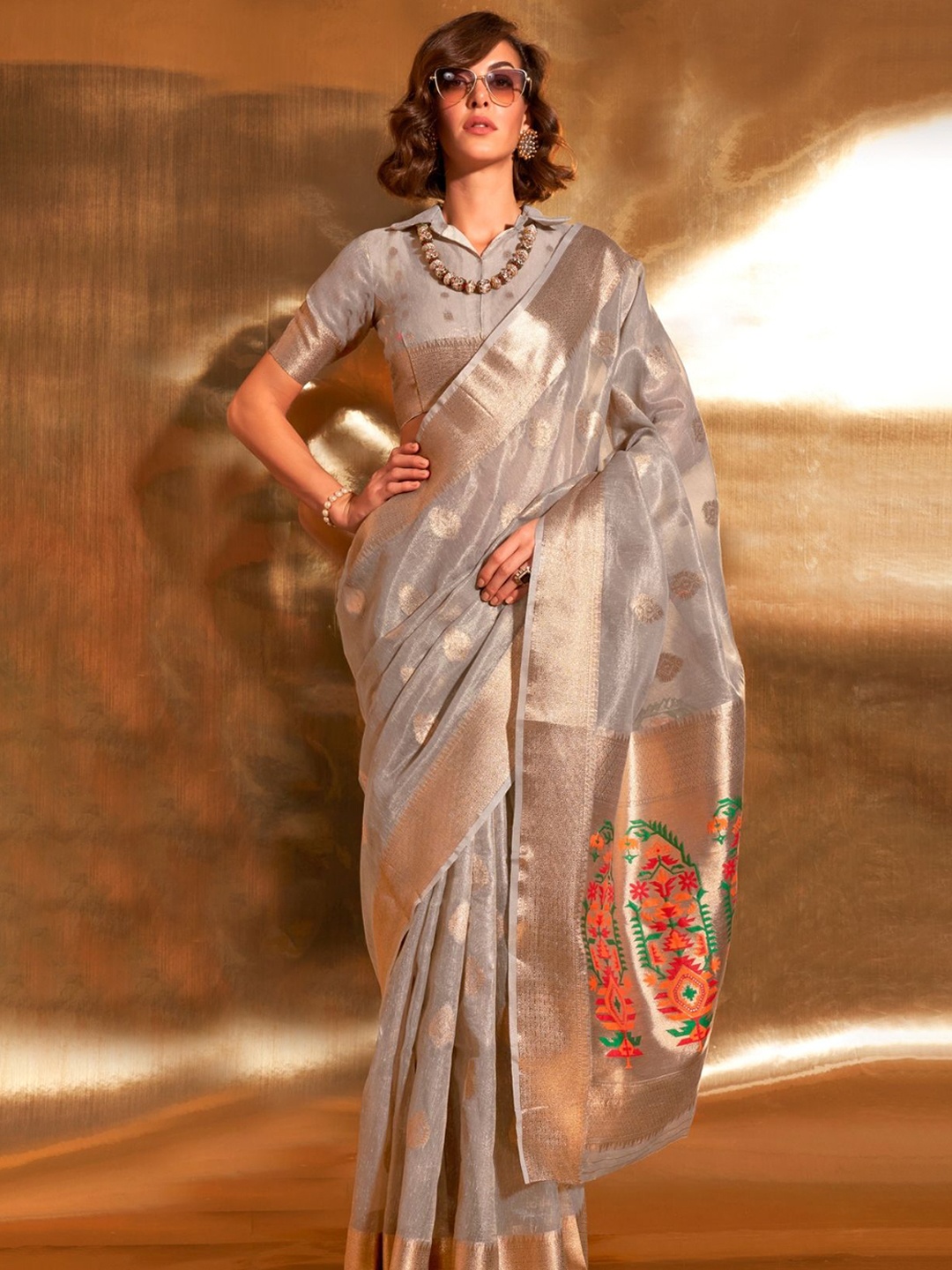 

BLENDIFY Woven Design Zari Tissue Banarasi Saree, Grey