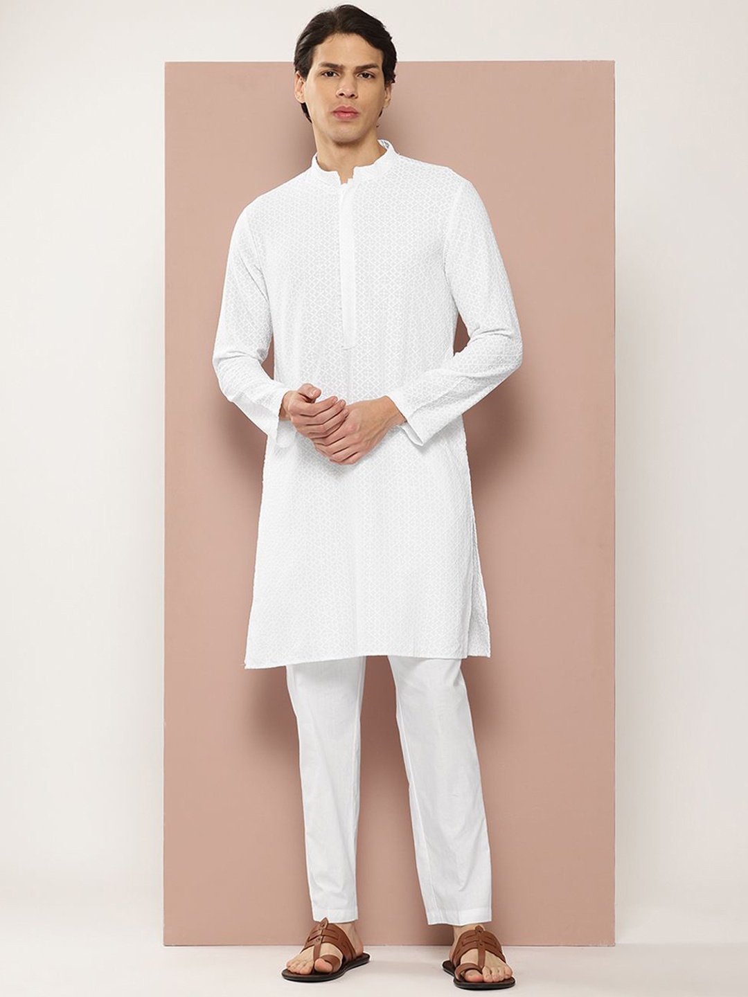 

See Designs Striped Embroidered Sequinned Mandarin Collar Chanderi Silk Straight Kurta, White