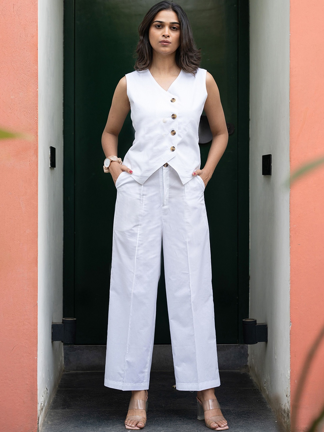 

GULABOSITABO Pure Cotton WaistCoat & Trousers Co-Ords, White