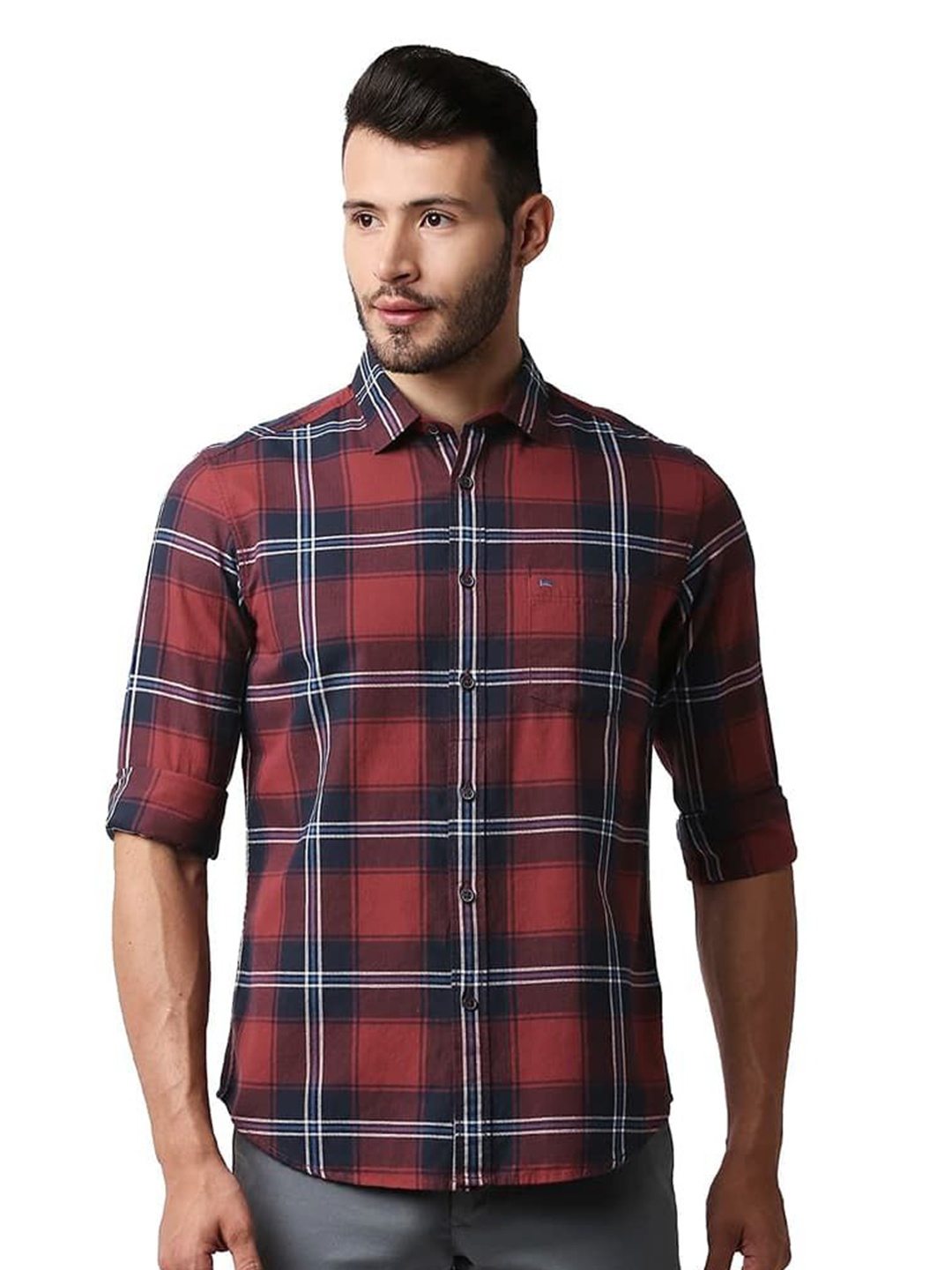 

Basics Men Relaxed Fit Spread Collar Tartan Checked Cotton Casual Shirt, Red