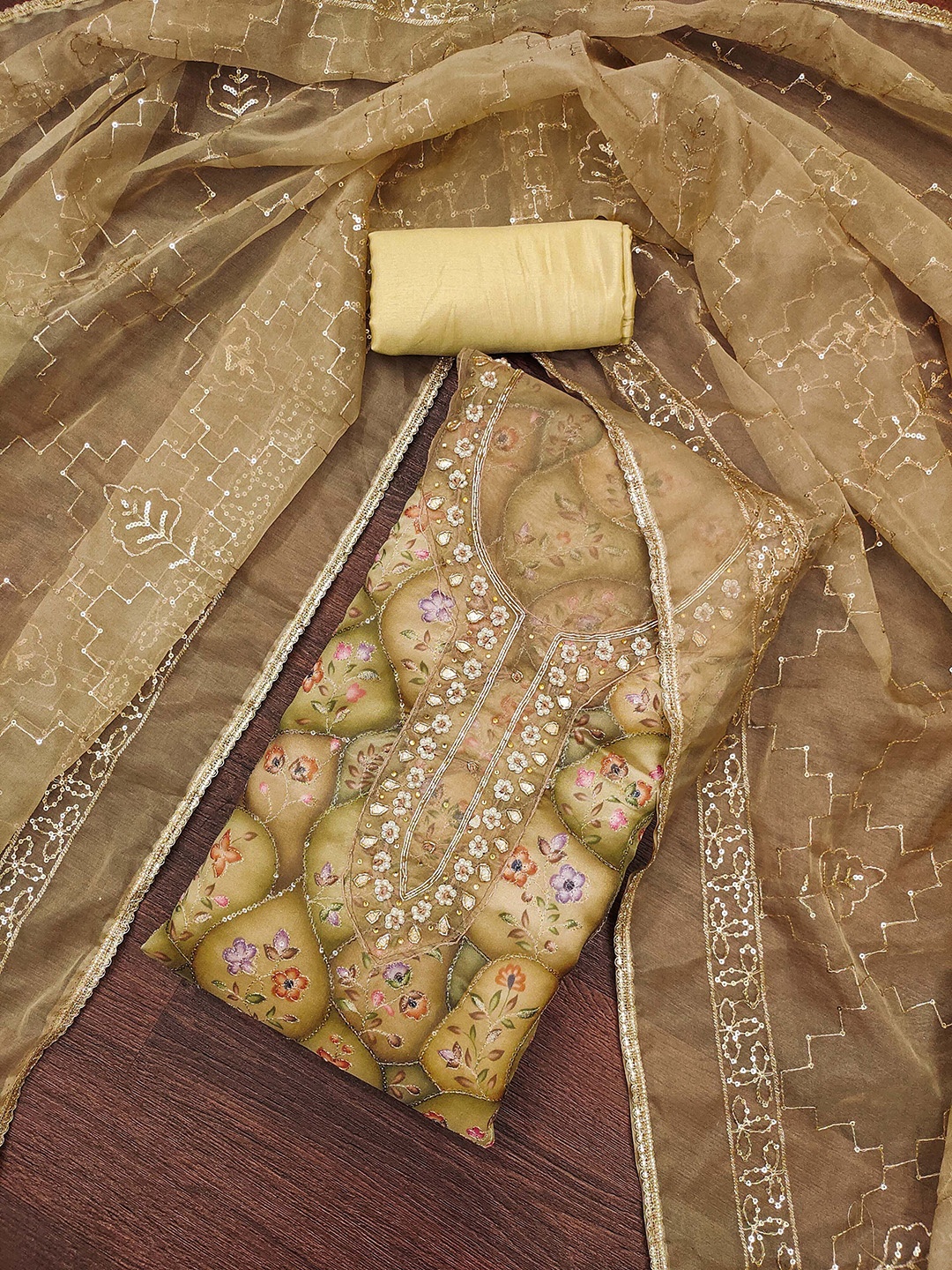 

HERE&NOW Floral Embellished Beads And Stones Organza Unstitched Dress Material, Beige