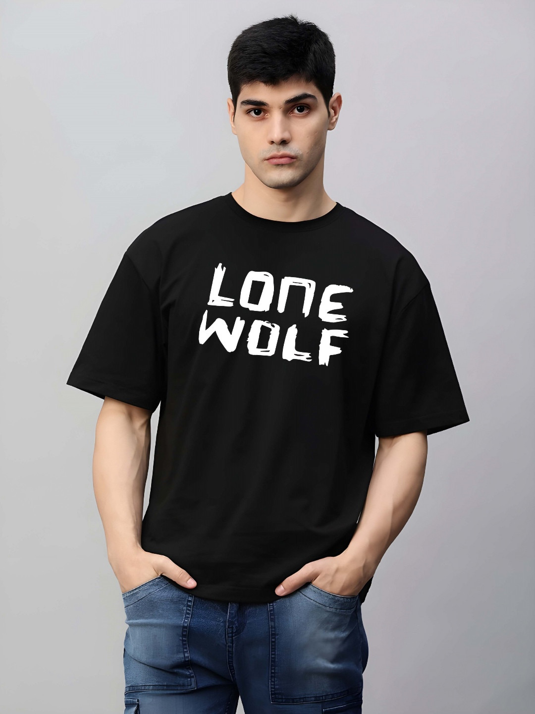 

SZN Men Typography Printed Round Neck Cotton Oversized T-shirt, Black