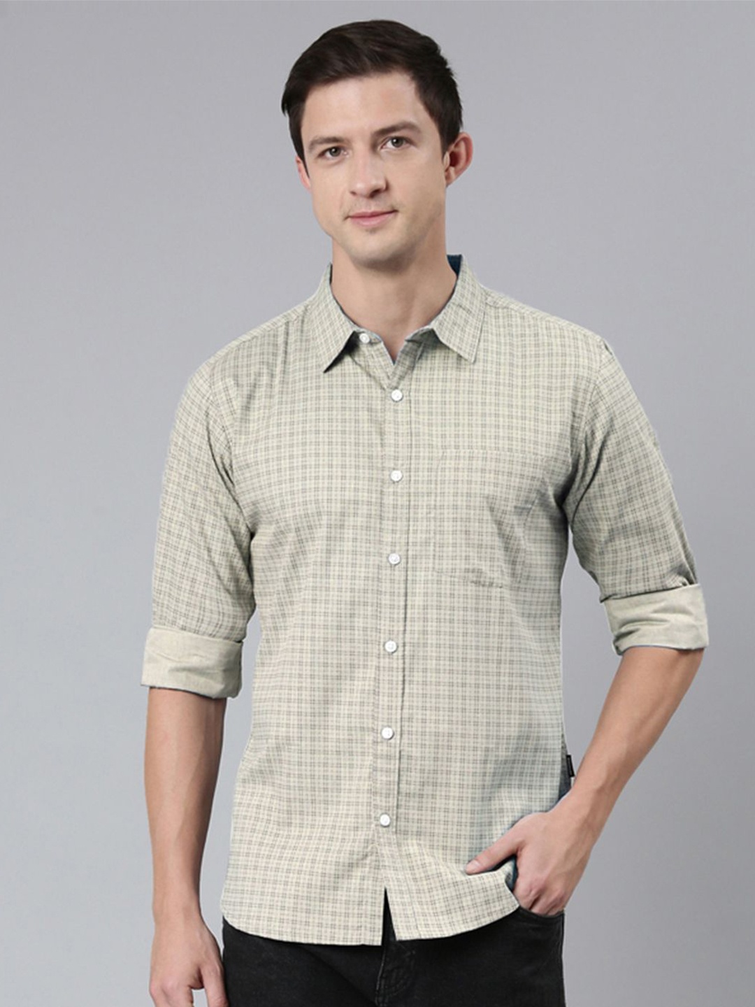 

Provogue Men Spread Collar Checked Cotton Casual Shirt, Beige