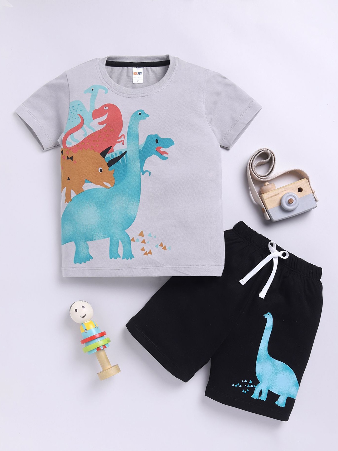 

LITTLE NINJA Boys Printed Round Neck Pure Cotton T-Shirt With Shorts, Grey