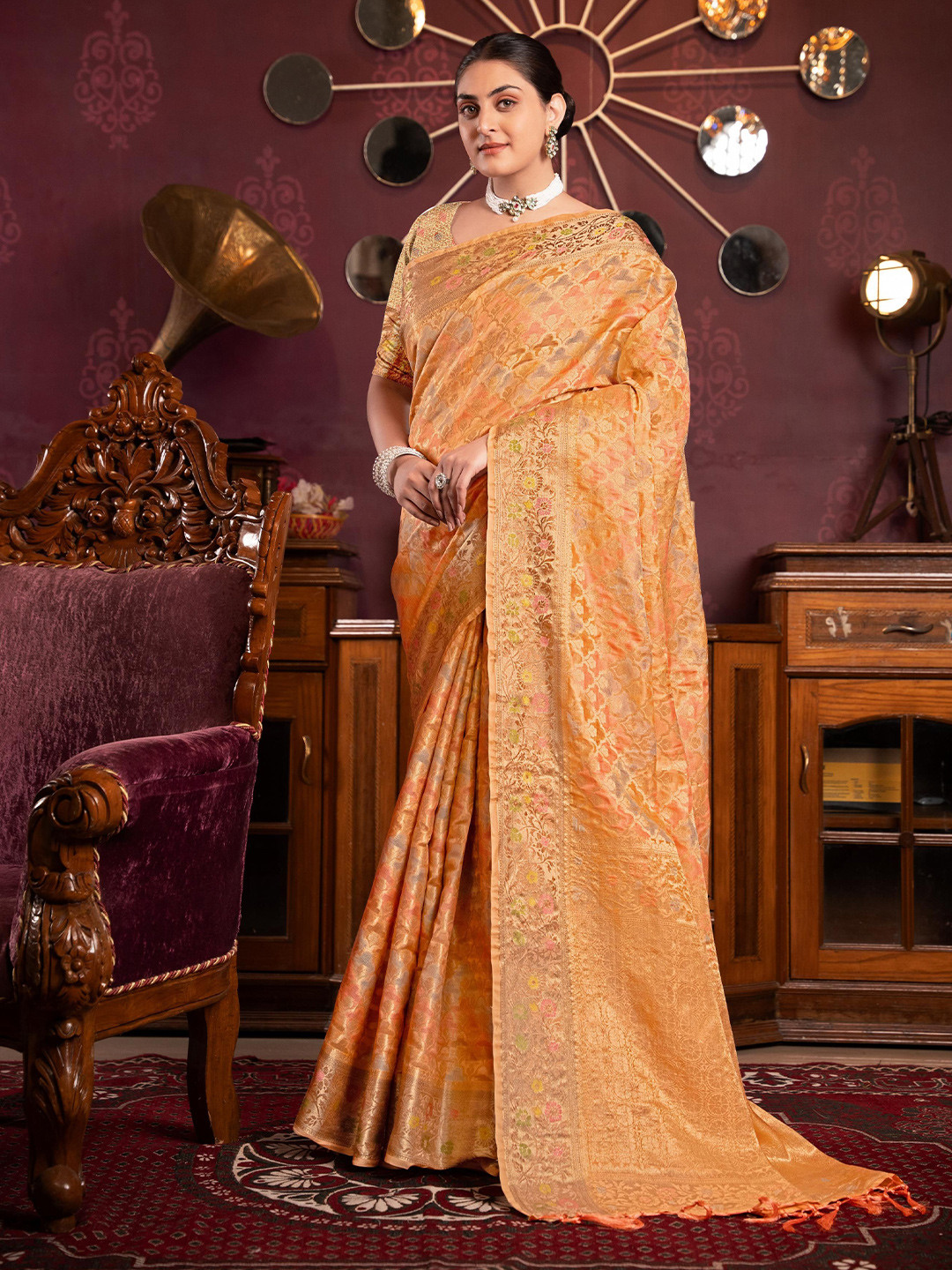

ALAGINI Woven Design Zari Organza Saree, Orange
