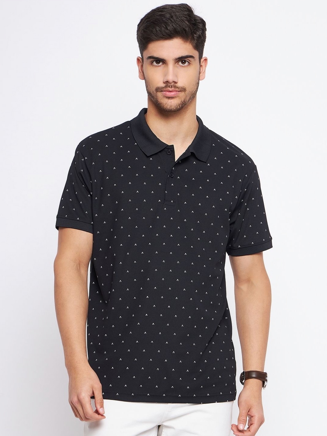 

NYKER Men Geometric Printed Polo Collar Cotton T-shirt, Black