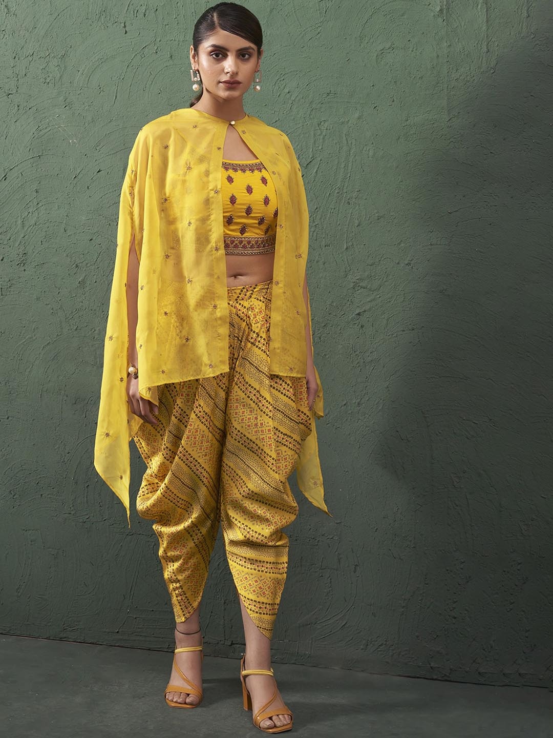 

Anouk Women Bandhani Embroidered Regular Beads and Stones Top with Dhoti Pants, Yellow