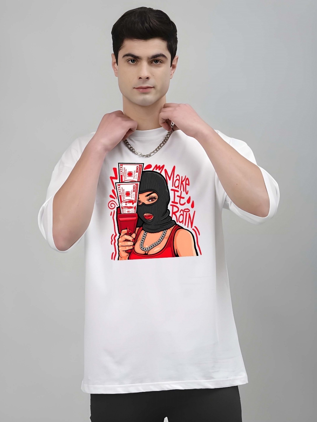 

SZN Men Graphic Printed Round Neck Cotton Oversized T-shirt, White